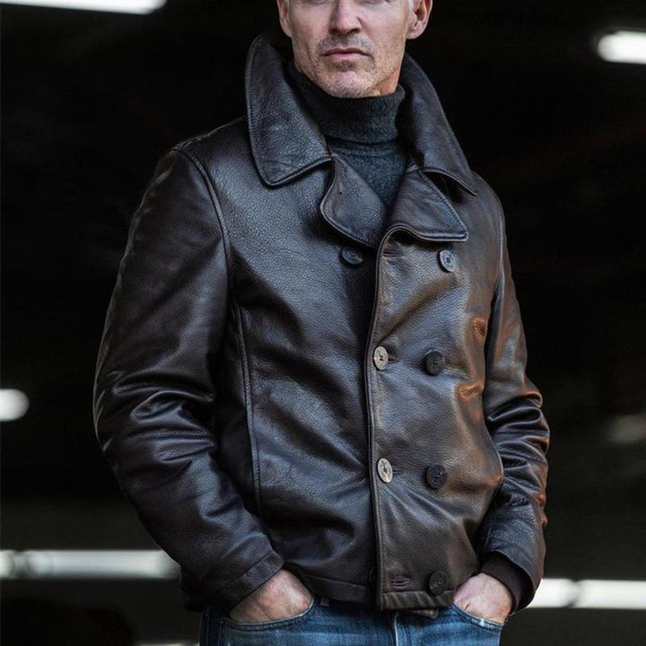 Men's Double Breasted Notched Lapel Leather Jacket