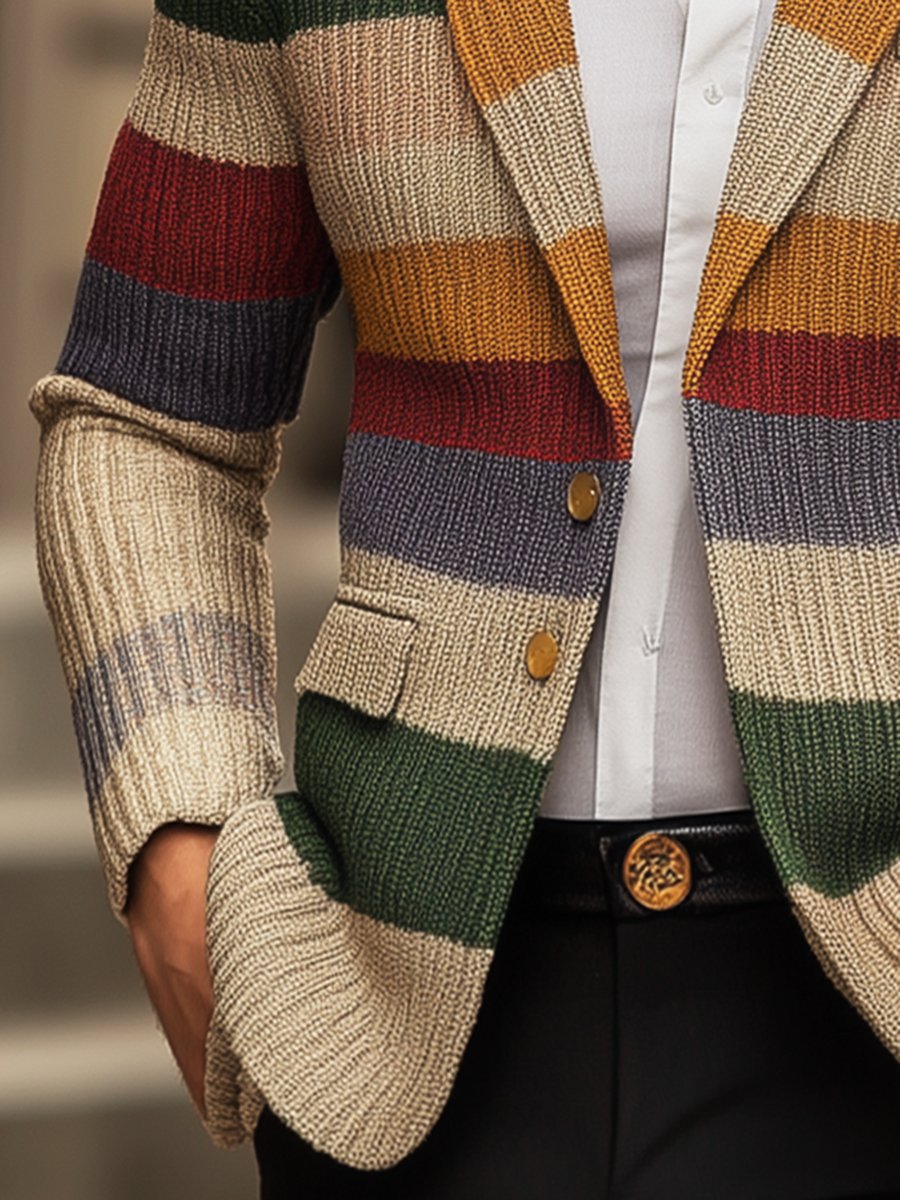 Men's Casual Rainbow Striped Lapel Long Sleeve Knit Cardigan