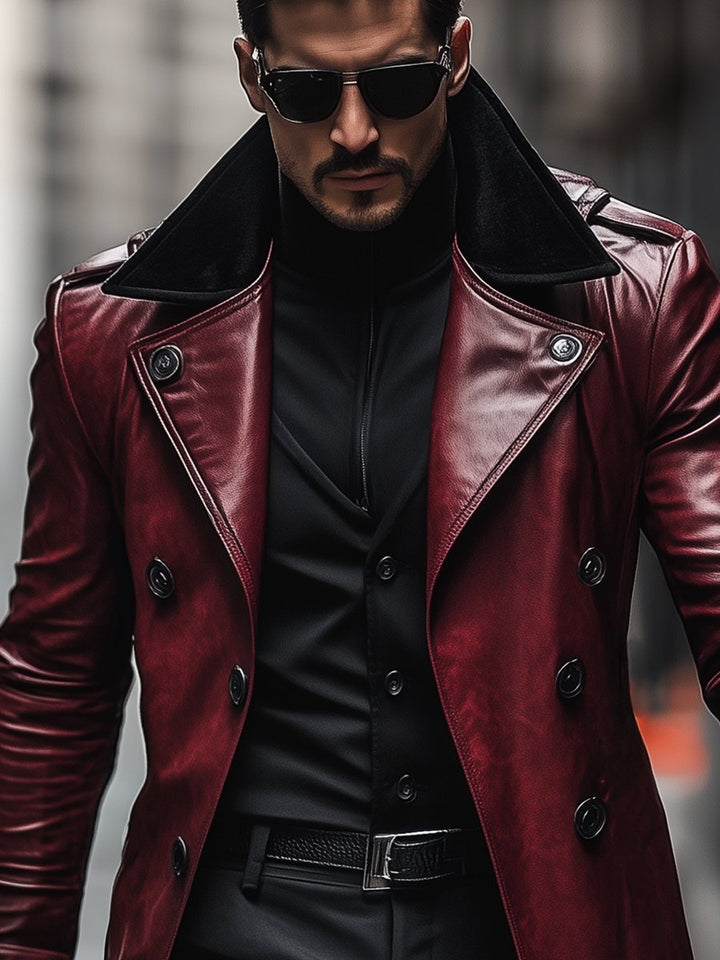 Vintage Contrast Lapel Double-breasted Leather Coat