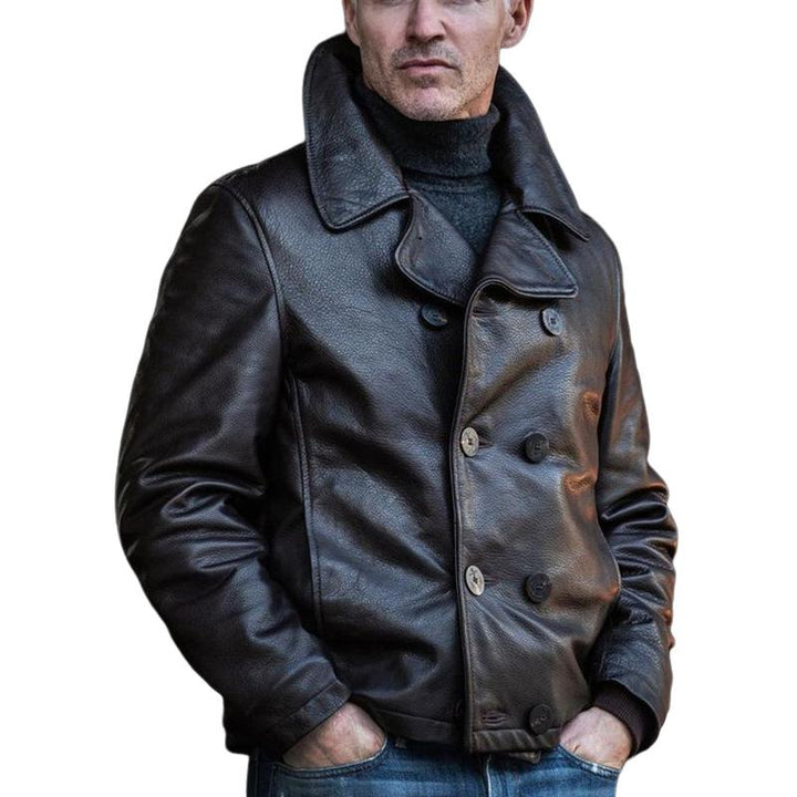 Men's Double Breasted Notched Lapel Leather Jacket